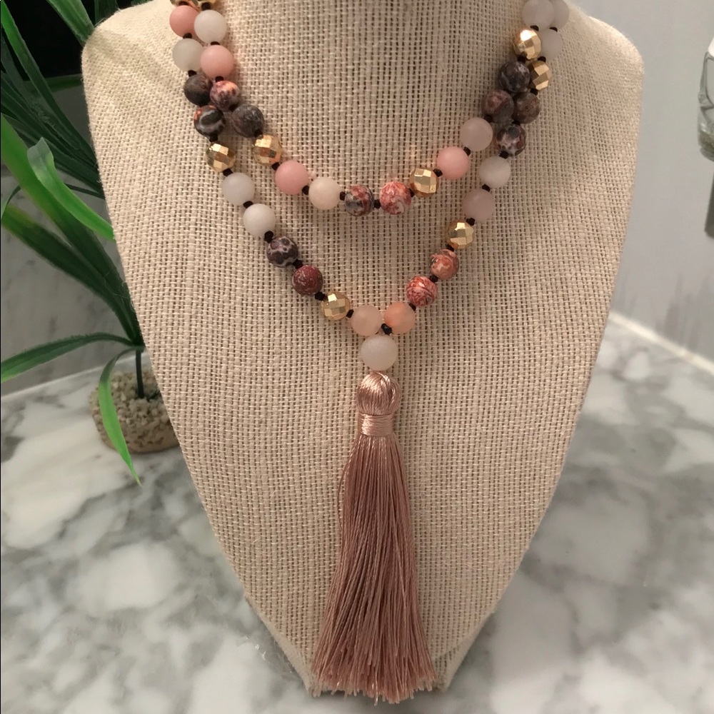NEW Pink aventurine leopard jasper tassel necklace - Picture 3 of 3